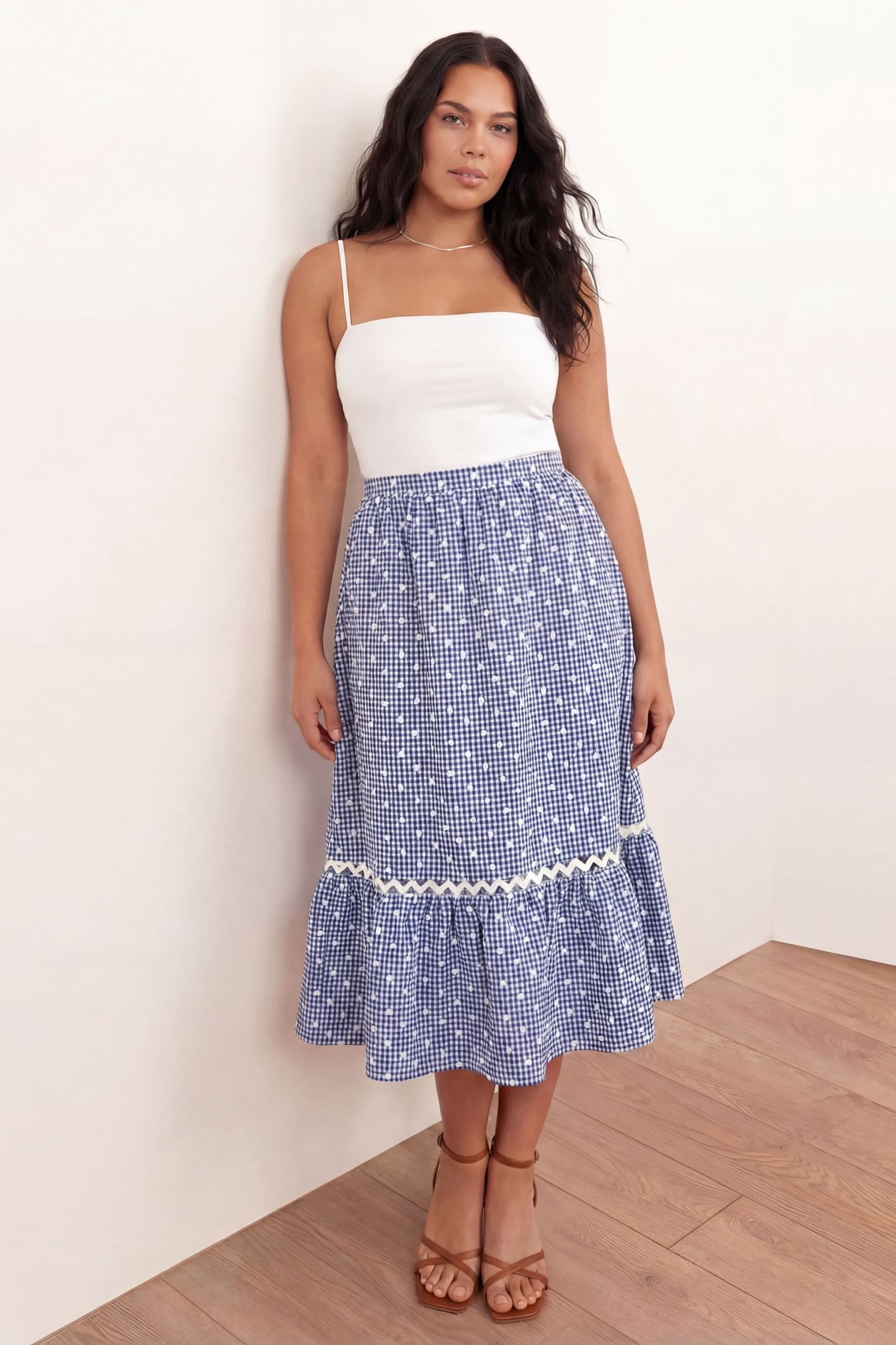 Lovedrobe Lovedrobe Women's Gingham & Polka Dot Midi Skirt in Blue