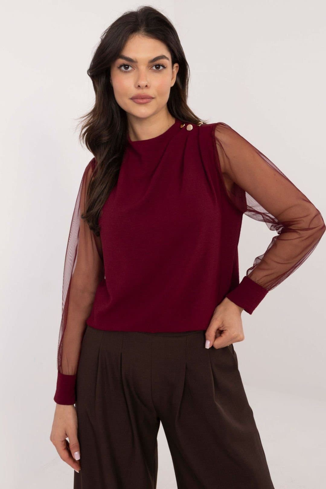 Love Lace Love Lace Women's Elegant Mesh Sleeve Blouse for Office & Events in Red