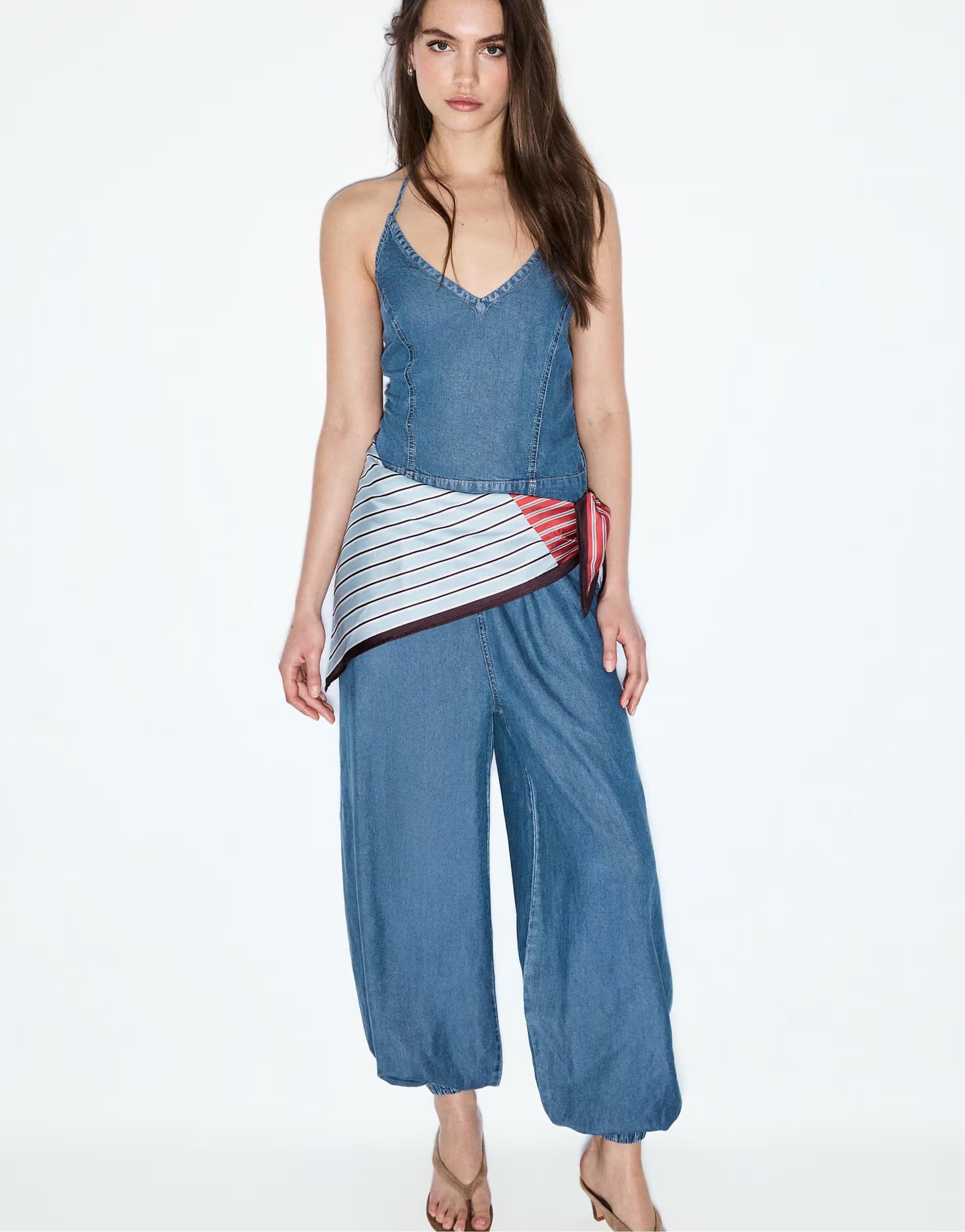 ASOS Stradivarius Halter denim jumpsuit with scarf in medium light blue denim